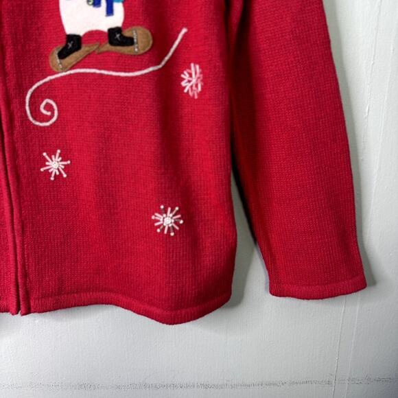 Mercer Street Studio Winter Sport Snowman Red Full Zip Cardigan Sweater Womens L - Picture 9 of 12
